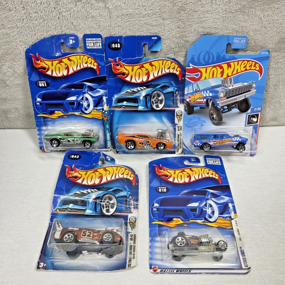 Hotwheels Lot of 5 First Edition & Race Team & Bowl A Rama Cars Boxes Worn